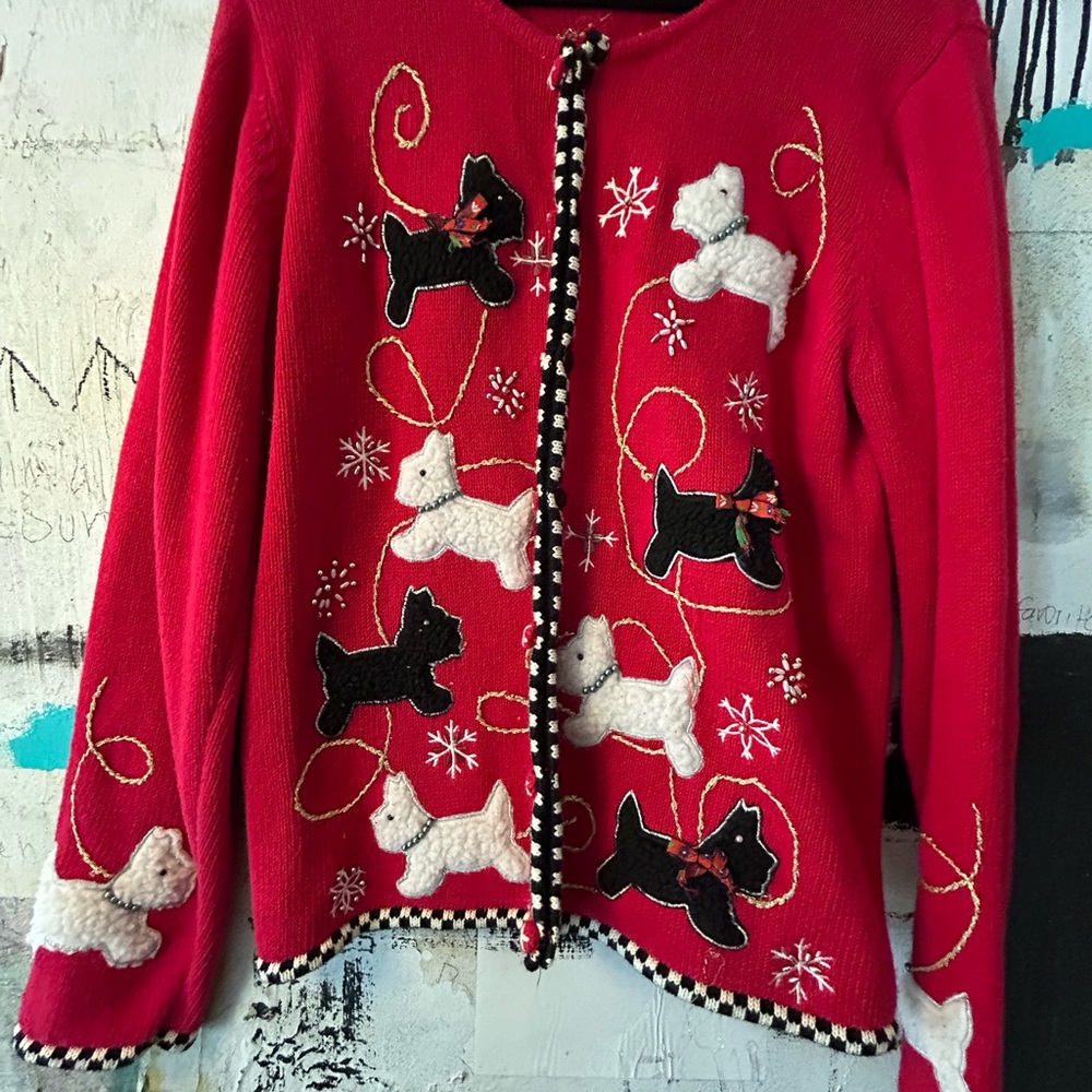 Vintage Red Cardigan with Dog Embroidery